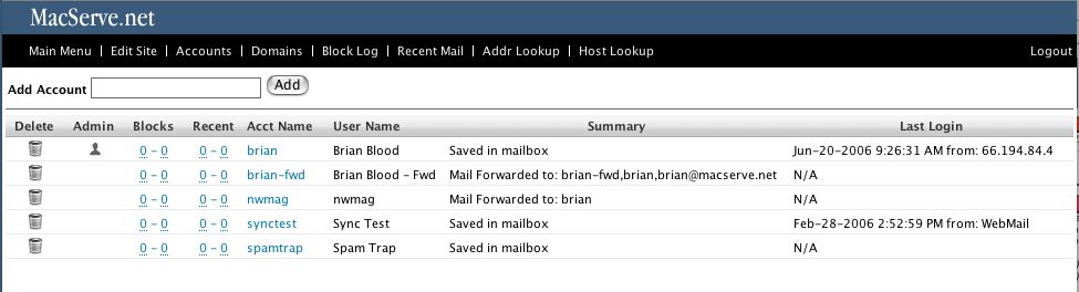 Mail Server - Account list