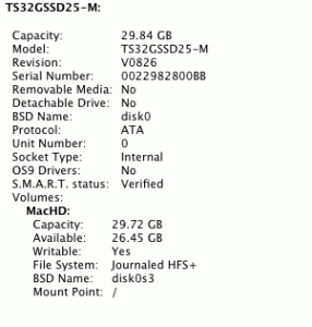 Transcend 32GB SSD in Apple System Profiler
